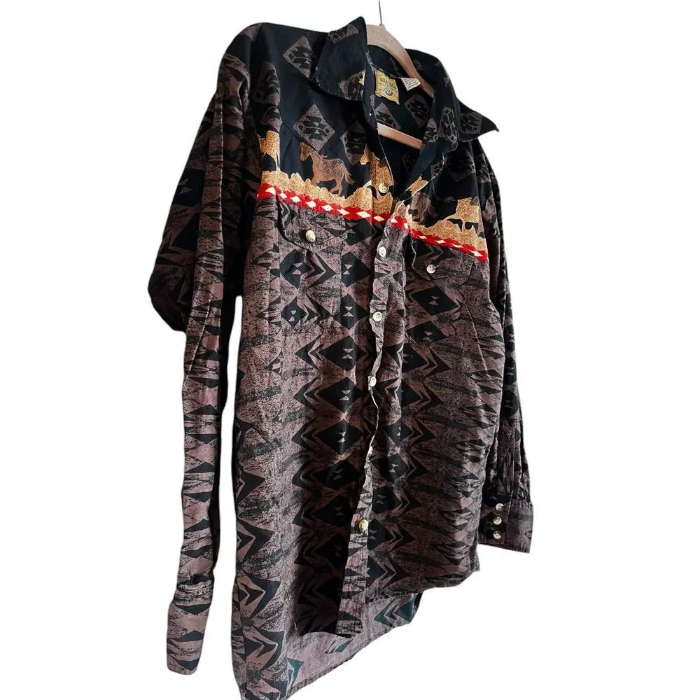 VINTAGE Moda Tech Western Shirt Mens XL Aztec Southwestern Horses Rodeo - Picture 2 of 7
